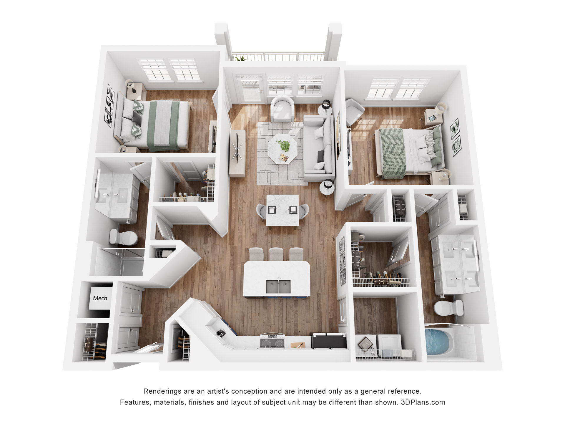 Floor plan for 2 beds, 2 baths, 1135 sqft